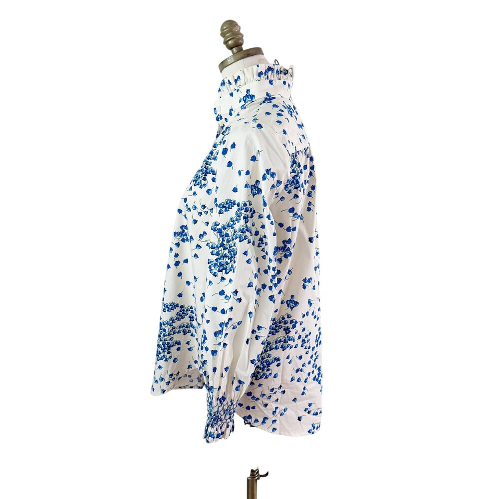 Tuckernuck Cream/Blue Floral Print Blouse Sz S 100% Cotton High Neck Long Sleeve - Picture 4 of 8